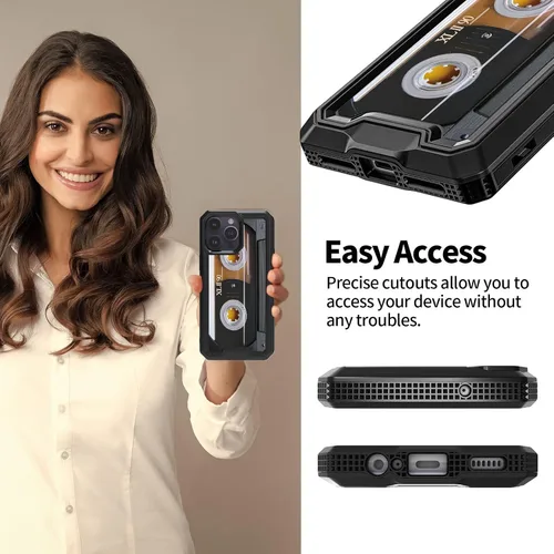Vista 4 de Rossy Funda para iPhone 14 Pro Max con patrón de cinta de casete de audio para mujeres y hombres, 2 en 1, híbrida de doble capa, resistente, a