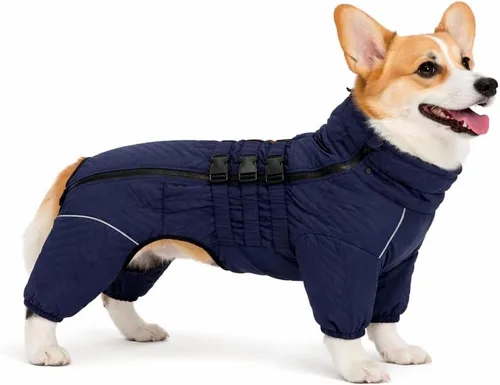 Vista 25 de Abrigo cálido para perros de doble capa, chaleco para perros, 4 patas cubiertas, resistente al viento, impermeable, reflectante, gris XS - L