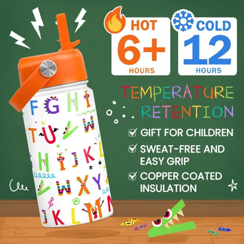 Vista 4 de SANDJEST Botella de agua para niños con tapa con pajilla, botellas de agua de acero inoxidable con aislamiento del alfabeto de 12 onzas para niños