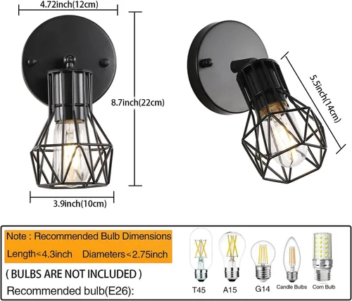 Vista 2 de Juego de 2 apliques de pared con cable negro para baño y pasillo Black metal wire cage wall sconces, E26 base, 90° adjustable hardwired for