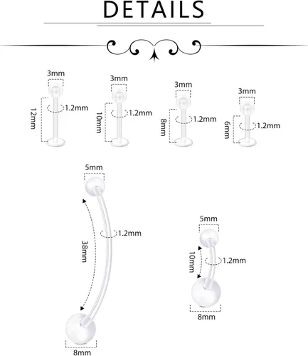Vista 3 de D.Bella Kit de Retenedores de Piercing Transparentes Estilo Mix, Retenedores de Piercing Flexibles para Labios, Nariz, Cejas, Pezones, Lengua