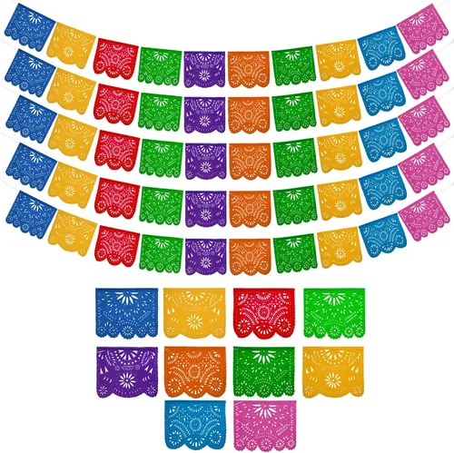 Vista 10 de Pancartas de fiesta mexicana (paquete de 2 con 10 banderas de plástico por bandera), papel picado mexicano para fiesta, papel picado de plástico