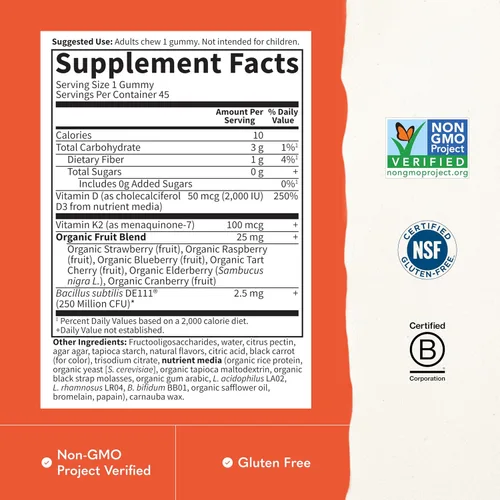 Vista 3 de Gomitas Garden of Life Vitamin Code D3 y K2 con prebióticos y probióticos, salud ósea, salud inmunológica y apoyo digestivo, cero azúcar, sin OMG
