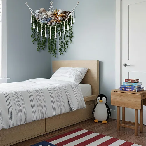Vista 2 de Suncalla Hamaca de red de almacenamiento de juguetes de peluche grande, 8 piezas, con enredaderas falsas, guirnalda de hiedra artificial, decoración