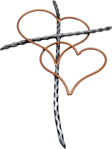 Vista 2 de Wowser Cruz de pared de metal plateado con dos corazones entretejidos en tono bronce, 19 1/2 pulgadas