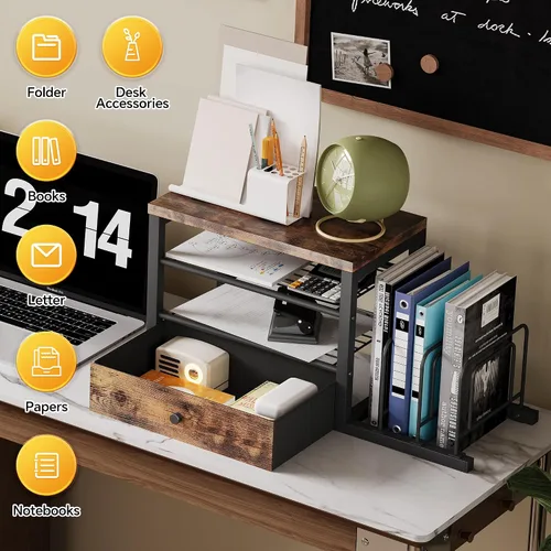 Vista 6 de Organizador de escritorio de madera Homeiju con cajones, organizador de archivos de escritorio con 3 soportes verticales, estante para archivos