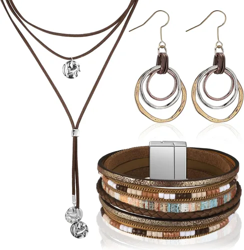 Vista 23 de 3 piezas de joyería boho occidental para mujer, conjunto de joyas de turquesa, aretes vintage, pulsera, collar bohemio occidental para mujer Negro