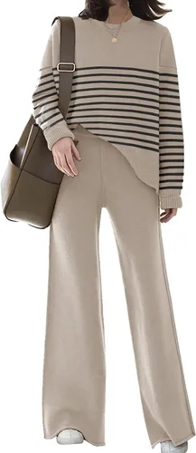 Vista 13 de ETCYY NEW Conjunto elegante de ropa de descanso para mujer, conjunto de sudadera de punto de 2 piezas con suéter y pantalones deportivos de pierna