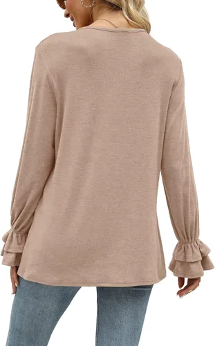 Vista 4 de WIHOLL Camisas de manga larga para mujer cuello en V casual manga acampanada a la moda