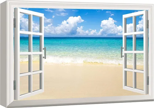 Vista 58 de wall26 - Cuadro en lienzo para pared, vista de ventana, atardecer neón, cielo, palmera tropical, playa, naturaleza, desierto, fotografía, realismo