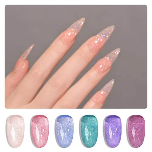 Vista 8 de GAOY Juego de esmalte de uñas de gel con brillantina reflectante de 6 colores, incluye colores rosa, plateado, rojo, verde, kit de esmalte de gel