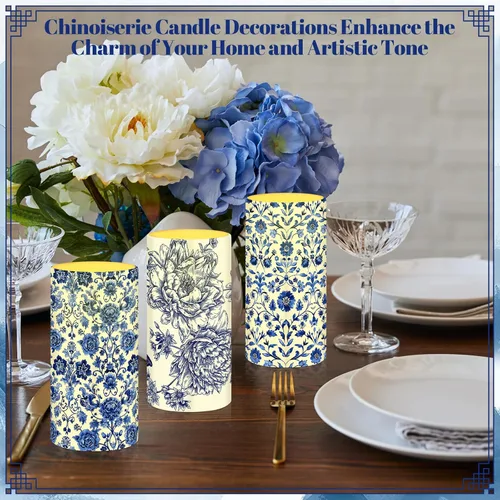 Vista 5 de Tiamon 4 piezas de velas de pilar sin llama estilo Chinoiserie LED, juego de velas de porcelana azul y blanca, operadas por batería, luz cálida