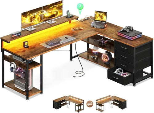 Vista 12 de AODK - Escritorio en forma de L de 61" con cajón, escritorio para computadora con tomas de corriente y luces LED, escritorio de esquina reversible