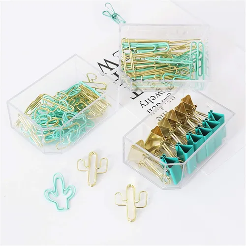 Vista 9 de Juego de clips y clips de papel azul dorado (3 en 1 en caja), para suministros escolares de oficina, profesores, aula, uso diario