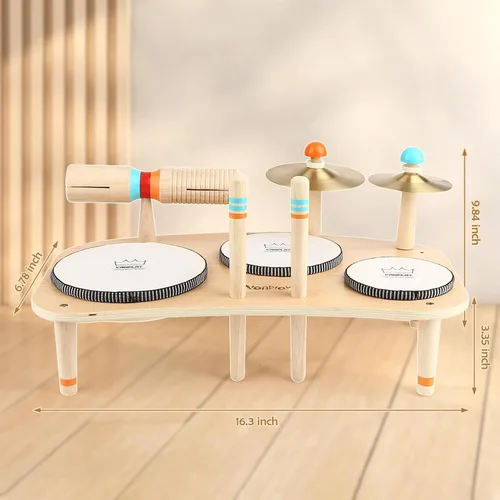 Vista 7 de Juego de batería para niños pequeños de 3 años en adelante, instrumentos musicales Montessori 8 en 1, juguetes musicales de madera para bebé