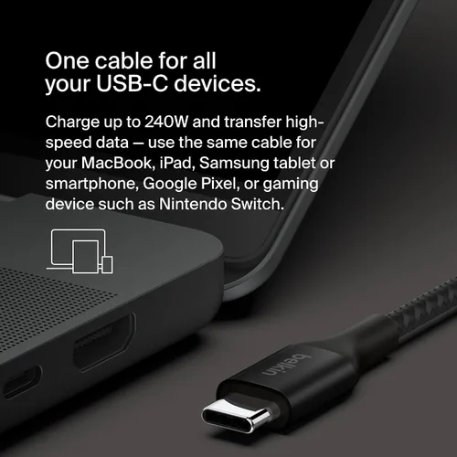 Vista 7 de Belkin BoostCharge - Cable USB C a USB C, cable de alimentación de carga rápida con cable de nailon trenzado, cabezal de aluminio anodizado, entrega