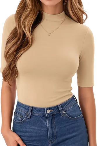 Vista 20 de MANGOPOP - Camiseta de cuello alto falso de manga 3/4 ajustada para mujer 03 Negro