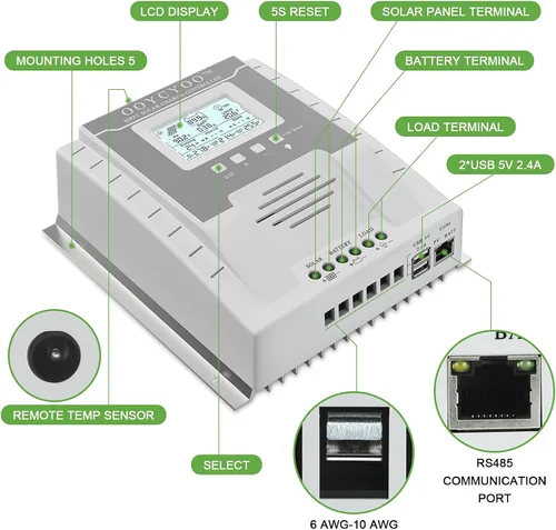 Vista 4 de controlador de carga MPPT 40 amperios 12V/24V Auto, regulador de carga de panel solar 40A con pantalla LCD retroiluminada máxima 100V para batería