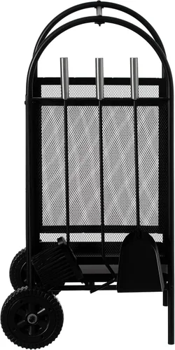 Vista 2 de Carrito de leña para patio interior y exterior, con ruedas y juego de herramientas para chimenea, color negro