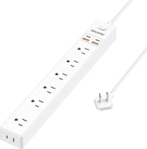 Vista 14 de Regleta protectora de sobretensiones de 10 pies, 7 tomacorrientes, 4 puertos USB (2 USB C), cable de extensión plano ultrafino y enchufe plano, 1700