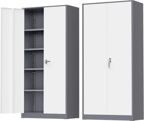 Vista 9 de Greenvelly Armario de metal para garaje, armario de almacenamiento de metal con bloqueo de 36 pulgadas de alto con 2 puertas y estantes ajustables