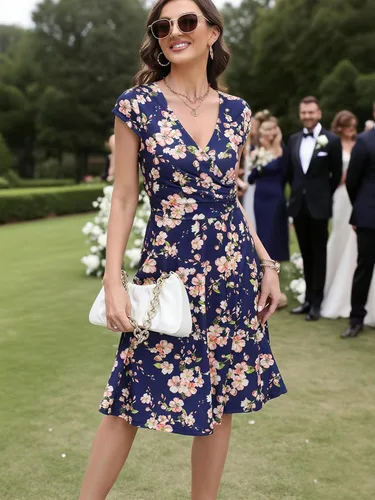 Vista 3 de oxiuly Women's Cap Sleeve Summer Casual Dresses V-Neck Floral Vacation Party Dress OX233