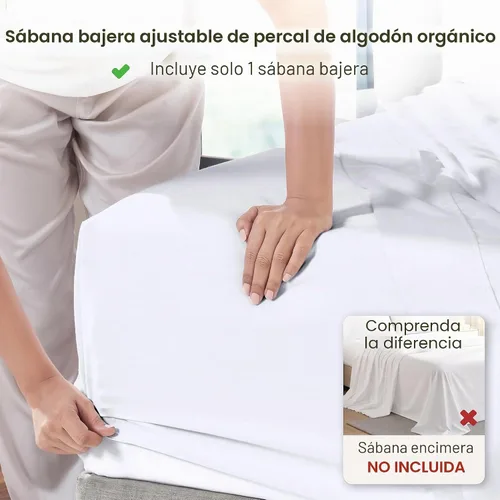 Vista 2 de Sábana bajera, 100% de algodón orgánico, tejido de percal, refrescante, ligera, ajustada, fresca, tamaño individual, color blanco brillante