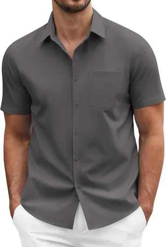 Vista 10 de COOFANDY: camisa casual de manga corta con botones para hombre, de negocios, sin doblar con bolsillo