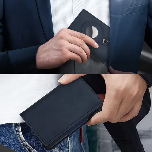 Vista 5 de Cartera delgada para Air Tag Cartera de cuero genuino RFID para tarjetas de crédito y dinero, mini cartera de aluminio desplegable automática