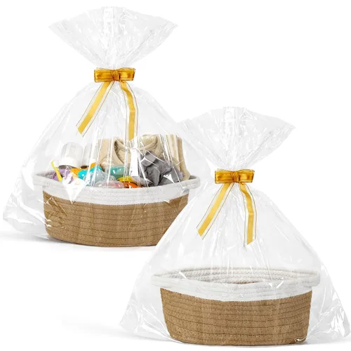 Vista 8 de Paquete de 2 cestas pequeñas tejidas con bolsas de regalo y cintas, caja de cofre de regalo decorativa vacía, linda cesta de regalo para bebé