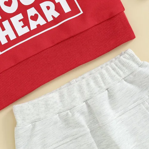 Vista 6 de AEEMCEM Conjunto de sudadera con estampado de letras para el día de San Valentín para bebé, 2 piezas, ropa de San Valentín