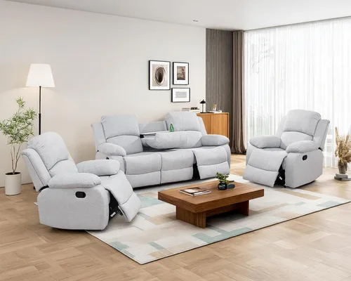 Vista 28 de Juego de sofá reclinable manual para sala de estar, juego de muebles de 3 piezas, sofá reclinable de tela Courduroy y dos sillas con mesa Azul