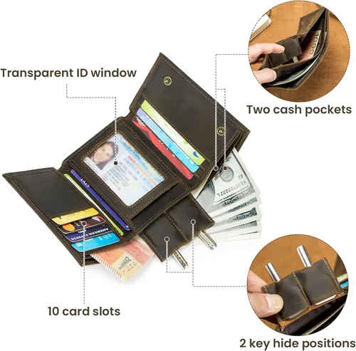 Vista 3 de BAIGIO Billetera de cuero genuino con cadena para hombre, con bloqueo RFID, triple pliegue, regalo para el padre