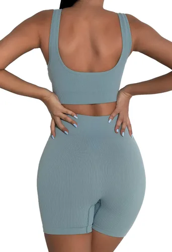 Vista 6 de fatty tiger Conjuntos de entrenamiento acanalados para mujer, 2 piezas, trajes de gimnasio, ombligueras, pantalones cortos de cintura alta