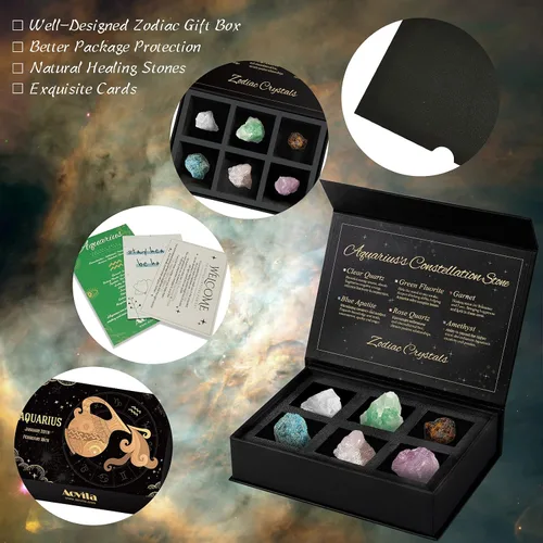 Vista 2 de Conjunto de regalo de cristales de Acuario, signos del zodiaco, piedras de nacimiento de cristales curativos con caja de horóscopo, cristales