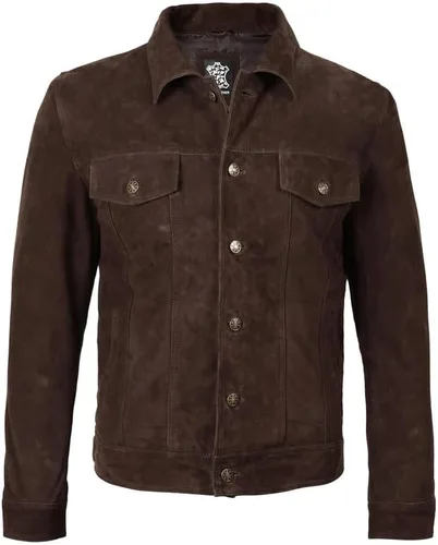 Vista 3 de Blingsoul Brown Suede Jacket Men - Chaqueta de piel de cordero real negra para hombres