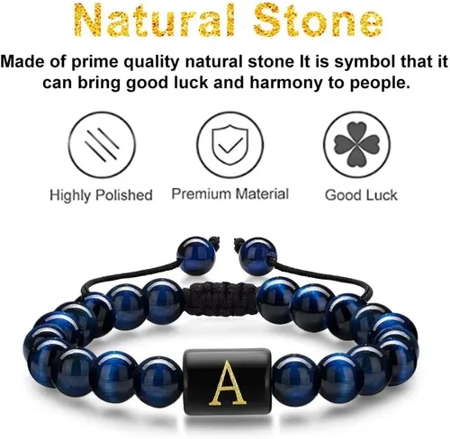 Vista 4 de Pulseras de cuentas con iniciales para hombres, regalos de 0.315 in, ojo de tigre, piedra de lava y roca para hombre, pulsera de cuentas de yoga
