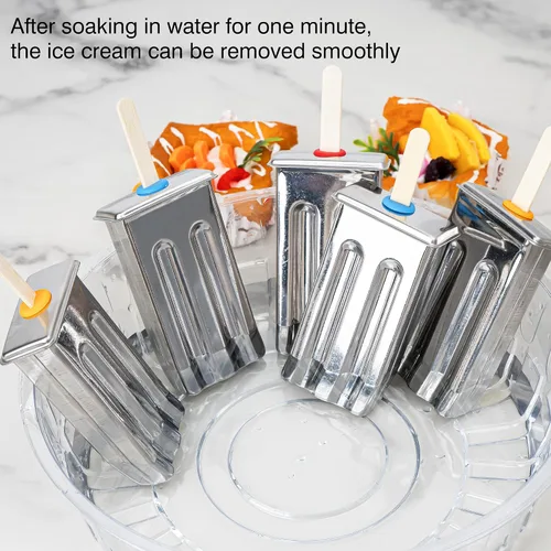 Vista 6 de Paquete de 12 moldes de paletas de acero inoxidable, moldes caseros para paletas de hielo con soporte, máquina reutilizable de cabeza plana