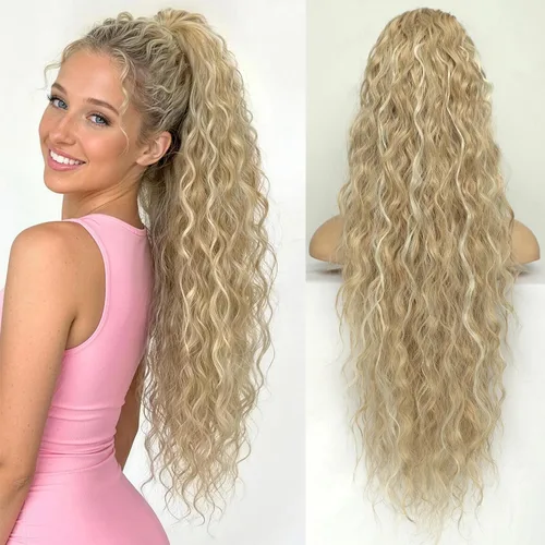 Vista 45 de KooKaStyle Extensión de cola de caballo con cordón de 26 pulgadas (66 cm) para mujeres, extensiones de cabello sintético rizado largo para uso
