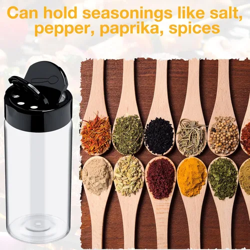 Vista 4 de Paquete de 40 tarros de plástico para especias con tapas de coctelera, recipientes de condimentos de 3.5 onzas con tapas negras, tarros
