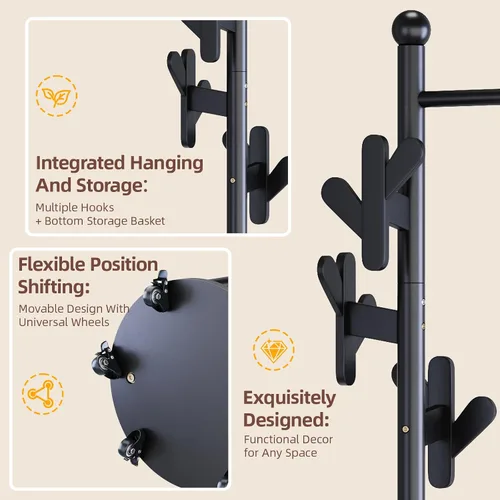 Vista 3 de CozyDH Perchero de madera con soporte para paraguas y ruedas, perchero independiente con múltiples ganchos, resistente para entrada, dormitorio