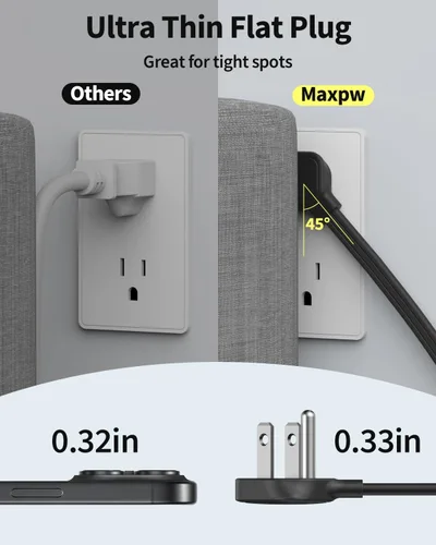 Vista 5 de Regleta protectora de sobretensiones de 10 pies, 7 tomacorrientes, 4 puertos USB (2 USB C), cable de extensión plano ultrafino y enchufe plano, 1700