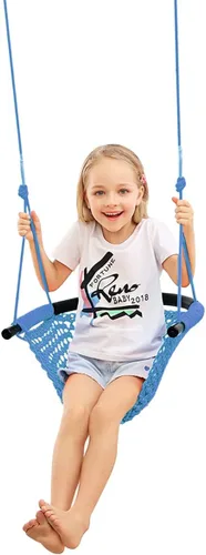 Vista 7 de Columpio tejido a mano para niños, columpio para niños con cuerdas ajustables, juego de columpio seguro para niños, para interiores, exteriores