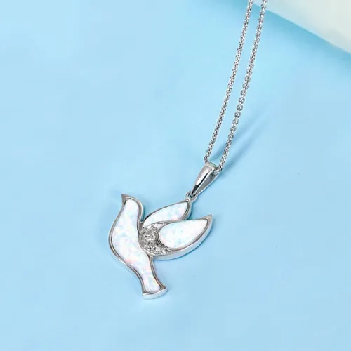 Vista 4 de Jewelili Collar con colgante de paloma de plata de ley o oro amarillo chapado en plata de ley para mujer, ópalo creado y diamantes redondos blancos