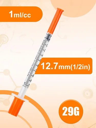 Vista 4 de Jeringas de 0.0 fl oz 29G 1/2" 0.512 in U-100 Jeringa de laboratorio desechable con tapa, paquete de 20 Calibre 29 de 1/2 pulgada, diseño a prueba