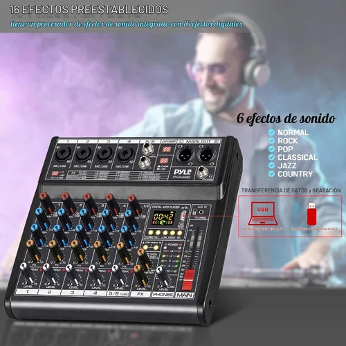 Vista 6 de Mezclador de audio Bluetooth profesional Pyle DJ - Mezclador de sonido con controlador DJ de 6 canales con DSP, 16 efectos preestablecidos, interfaz