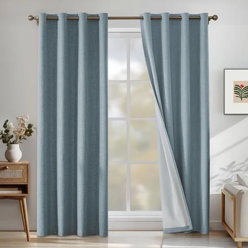 Vista 21 de Cortinas 100% opacas para dormitorio, cortinas opacas de 63 pulgadas de largo, cortinas opacas de lino para sala de estar, cortinas con ojales