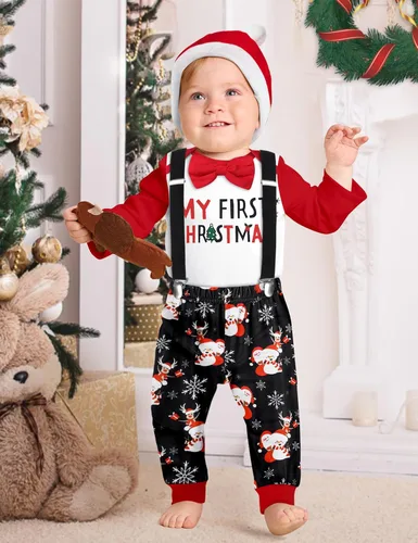 Vista 3 de WIQI Baby Boy Christmas Outfit 4PCS Newborn Romper Xmas Suspender Pants Santa Hat My First Christmas Baby Boy Outfits