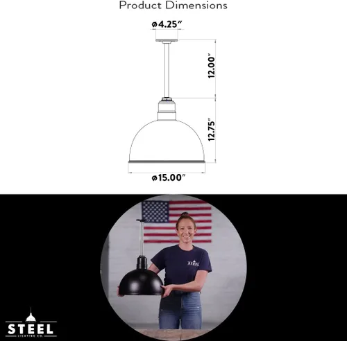 Vista 8 de Steel Lighting Co. Colgante de cuenco rosa Lámpara montada en el techo Cúpula de 15 pulgadas vástago de 12 pulgadas Estilo granero de acero