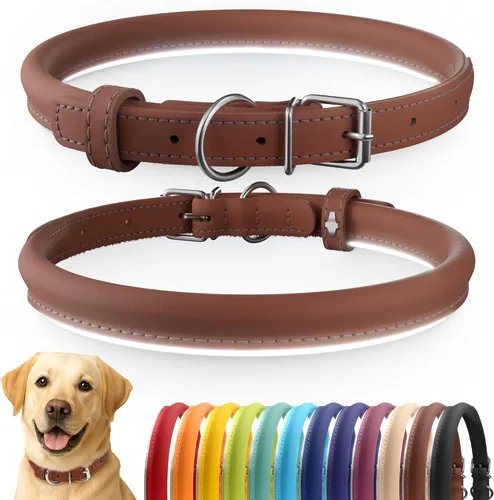 Vista 49 de CollarDirect - Collar de cuero enrollado para perro, collar redondo acolchado suave para cachorro, collar de cuero auténtico hecho a mano
